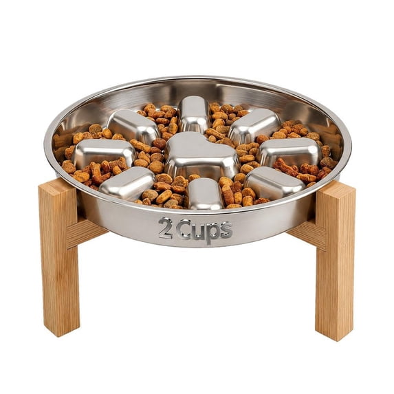 Dog Bowl Pattern Stainless Steel Slow Feeder Dog Bowl with Wooden Stand, Elevated Puzzle ...