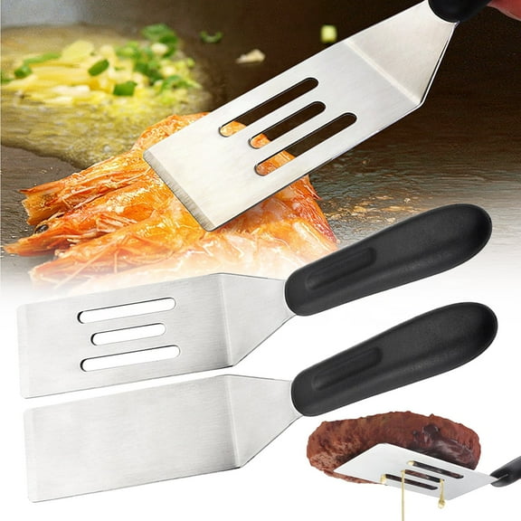 Stainless Steel Small Spatula - 8"x1.7" Kitchen Turner for Pancakes, Desserts, Eggs | Comfort Grip, Flexible Edge 2 have holes, 2 have no holes