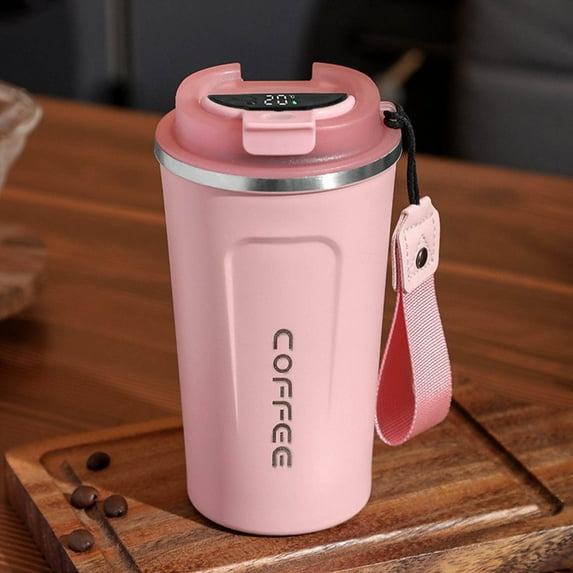 Stainless Steel Smart Temperature Display Insulated Coffee Cup | 510ml Portable Travel Mug with Handle & Lifting Rope | Hot & Cold Beverage Container