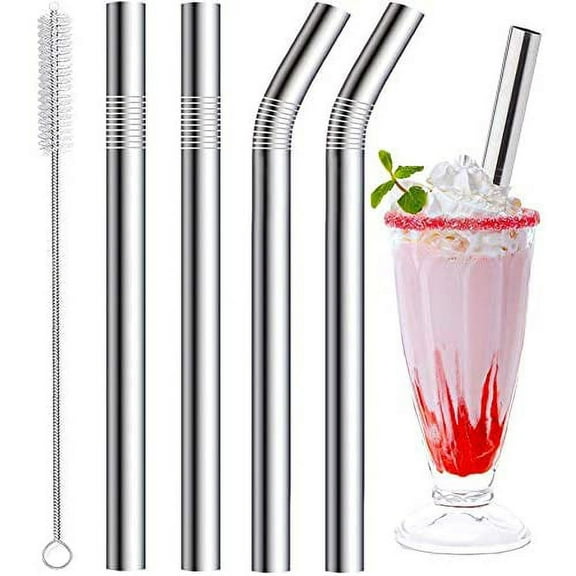 Stainless Steel Smoothie Straws, 0.4'' Extra Wide Reusable Metal Drinking Straws for Milkshake, Smoothie, Beverage, Set of 4 with 1 Cleaning Brush