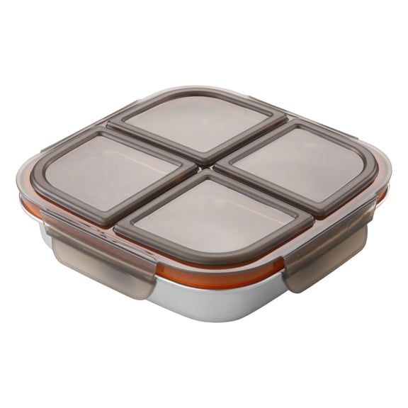 Stainless Steel Snack Container - Durable 600ml(20oz) Divided Bento Snack Box - 4 Compartment Leak Proof Meal Prep Lunch Container for Outdoor Picnic Travel, Working, 1Pc(Silver1,6.9x6.9x2")