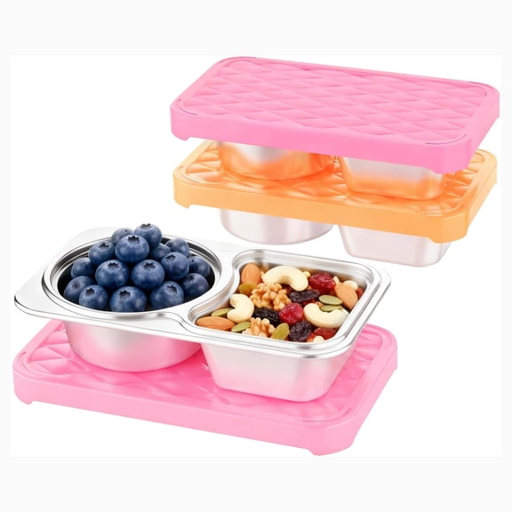 Stainless Steel Snack Containers, 2 Compartment Leak-Proof Snack Containers with Sillicone Lids, Reusable small Food Storage Containers for School,Travel, Outdoor, Camping,office (2)