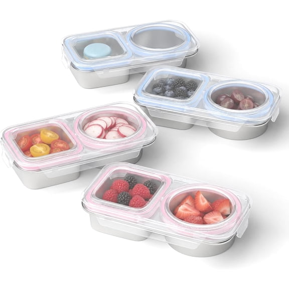 Stainless Steel Snack Containers for Kids, 2 Compartment, 4 Pack | 2 Blue and 2 Pink, 15 oz each, snack containers with clear leakproof lids, round and square sections, stackable 304 steel