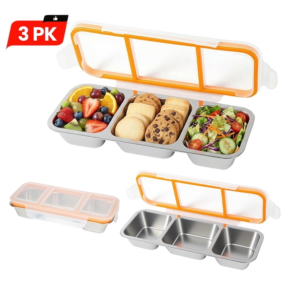Stainless Steel Snack Containers, Reusable 3 Compartment Snackle Box Container with Lids for Adults, Divided Snack Food Storage Containers for School, Home, Travel(3PK)