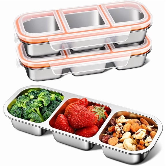 Stainless Steel Snack Containers Set, 2-Pack Lunch Boxes with 3 Compartments, Stackable, Ideal for Kids & Adults, Travel-Friendly