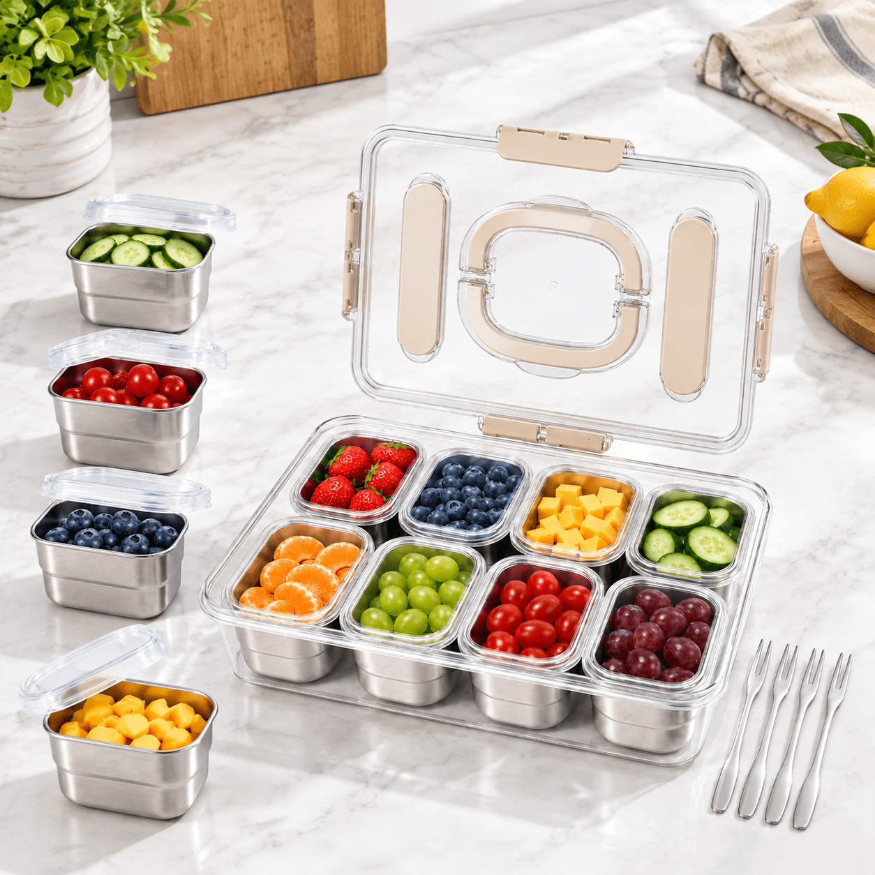 Stainless Steel Snackle Box Containers 8 Removable Cups With Lids ...