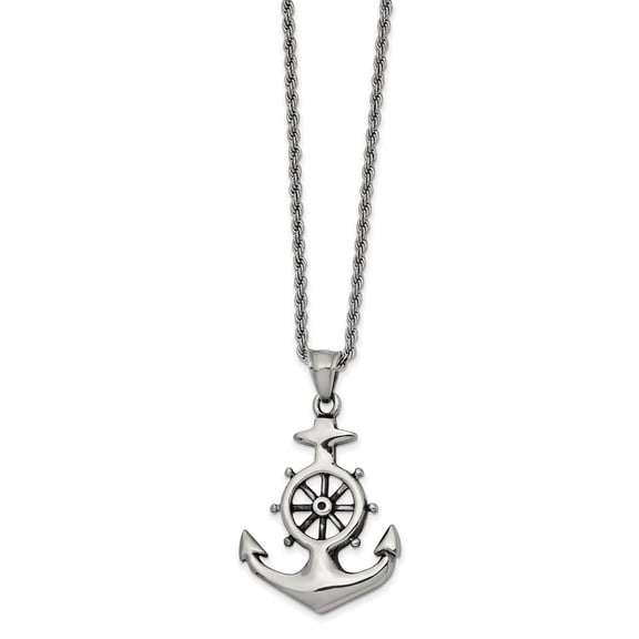Stainless Steel Snake Necklace with Pendants Chain Chisel Antiqued and Polished Anchor Pendant on a 24 inch Curb 30.38 mm