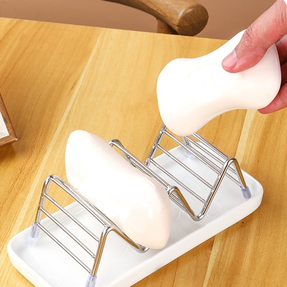 Stainless Steel Soap Drainage Rack with Ceramic Drip Tray - 3 Bar Soap Holder for Bathroom Counter or Kitchen Sink Non Perforated Countertop Storage Organizer Wavy Metal Soap Stand with Silicone Feet