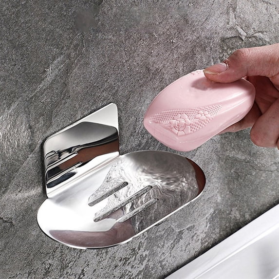 Stainless Steel Soap Holder for Shower Wall, Adhesive Wall-Mounted Bar Soap Dish, No-Drill Soap Saver with Drain