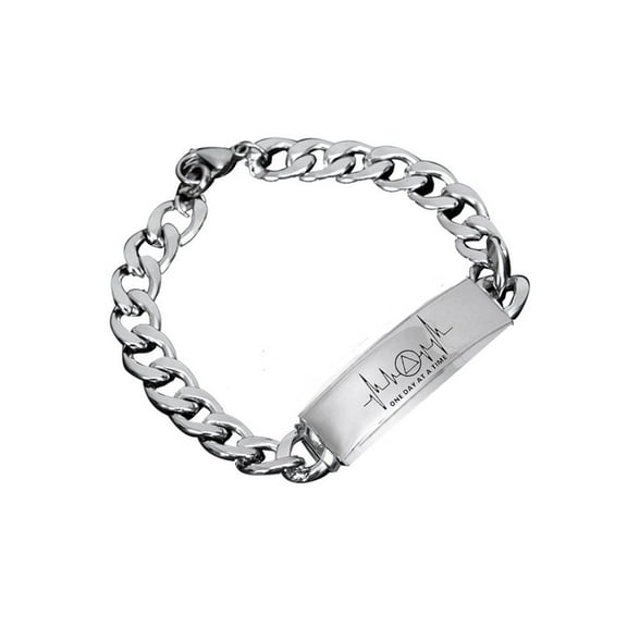 Stainless Steel Sobriety Jewelry - AA Symbol Heartbeat Cuban Bracelet - One Day At A Time Sober Recoverying Jewelry for Men