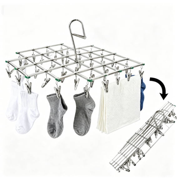 Stainless Steel Socks Drying Rack with 35 Clips,Clothes Drying Hanger,Rustproof Clothes Hanger Washing Line Windproof Hanging for Socks Underwear