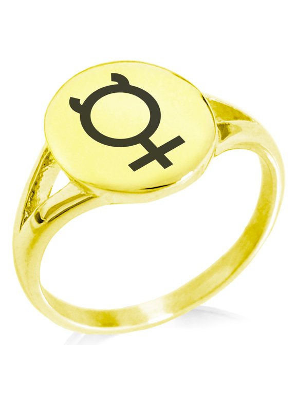 Stainless Steel Solar System Planetary Mercury Minimalist Oval Top Polished Statement Signet Ring
