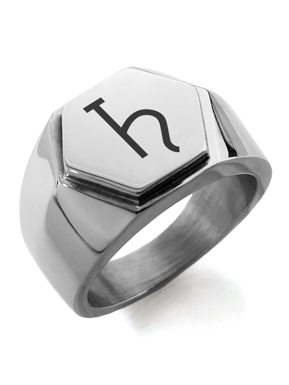 Stainless Steel Solar System Planetary Saturn Engraved Hexagon Crest Flat Top Biker Style Polished Ring