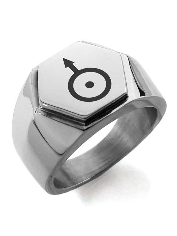 Stainless Steel Solar System Planetary Uranus Engraved Hexagon Crest Flat Top Biker Style Polished Ring