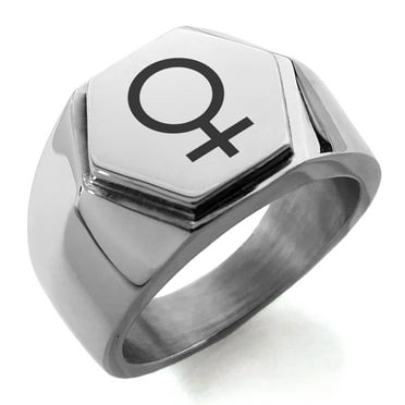 Stainless Steel Solar System Planetary Venus Engraved Hexagon Crest Flat Top Biker Style Polished Ring
