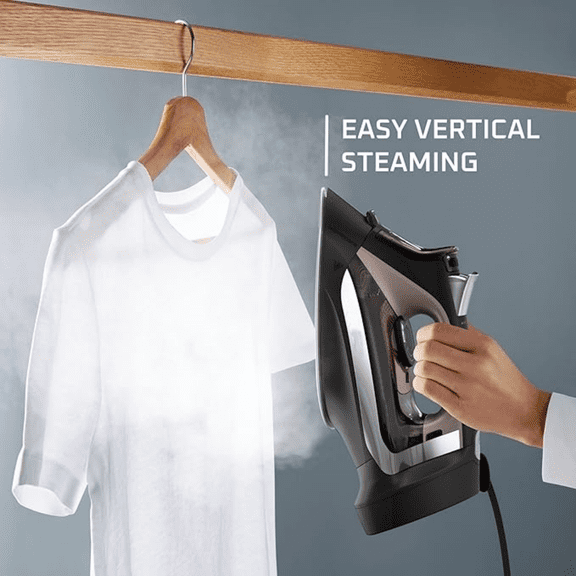 Stainless Steel Soleplate Steam Iron with Retractable Cord, Powerful Steam Diffusion, Auto-Off and Anti-Drip, 1725 Watts, Black Clothes Iron,