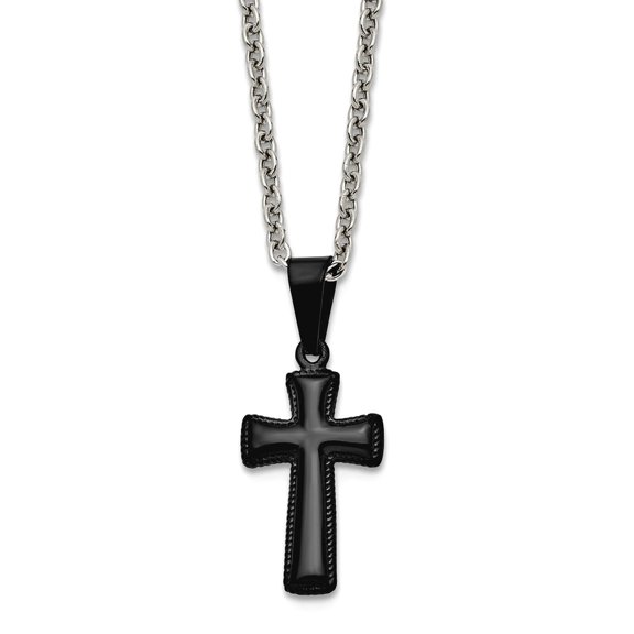 Stainless Steel Solid Fancy Lobster Closure Polished Black Ip Small Pillow Religious Faith Cross Necklace 16 Inch 12mm W
