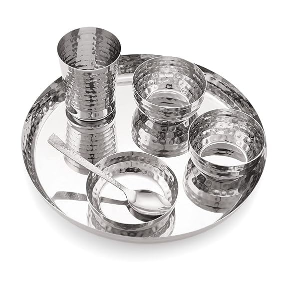 Stainless Steel Solid Hammered Finish Dinner Set of 1 Thali, 1 Plate, 2 Bowl, 1 Glass, 1 Spoon (Thali Diameter 12 Inch)- Set of 6, Silver, Standard
