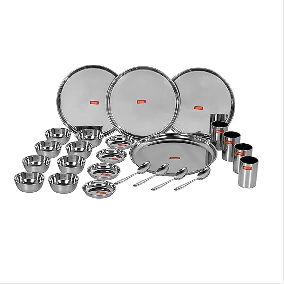Stainless Steel Solid Heavy Gauge Mirror Finish Dinner Set Of 24 Pcs (4 Plate, 4 Small/Halwa Plate, 8 Bowl/Wati, 4 Glass, 4 Spoon)