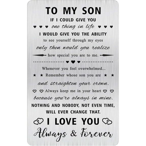 Stainless Steel Son Card - Funny & Heartfelt Gifts for Son Fathers Day - Durable Wallet Card Insert with Loving Message