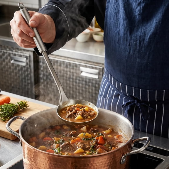 Stainless Steel Soup Spoon Polished Mirror Surface Soup Ladles Long Handle Non Slip Cooking Ladle with Hanging Loop Integrated Forming Kitchen Utensil for Home Restaurant Use