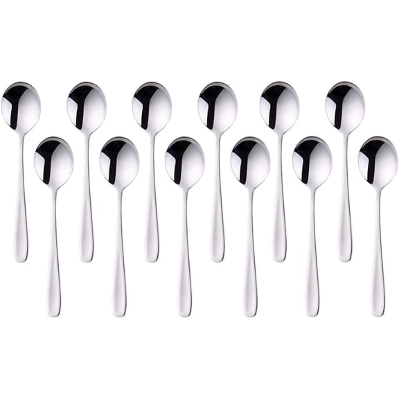 Stainless Steel Soup Spoons, Round Dessert Spoons set of 12, Metal Table Silverware Spoon for Meal Oatmeal Cereal 6.9-Inch cucharas soperas para comer (Black)
