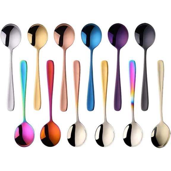 Stainless Steel Soup Spoons, Round Dessert Spoons set of 12, Metal Table Silverware Spoon for Meal Oatmeal Cereal 6.9-Inch cucharas soperas para comer (Black)