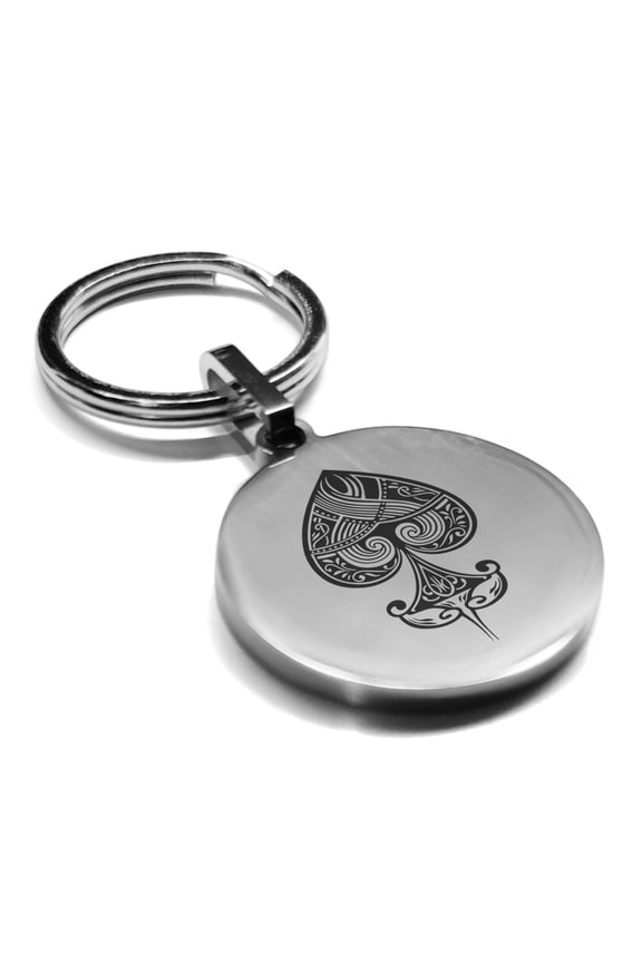 Stainless Steel Spade Card Suit Round Medallion Keychain Circle Ring