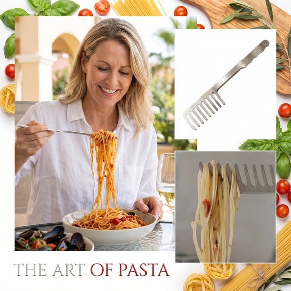 Stainless Steel Spaghetti Comb Server – Wide-Tooth Pasta Fork & Lifter for Portioning, Twirling & Draining Noodles, Durable Kitchen Utensil, 1 Piece