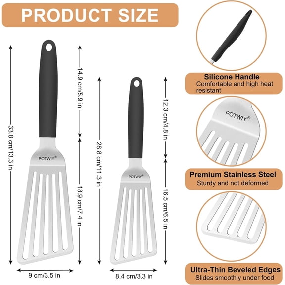 Stainless Steel Spatula Set, 13.3" Large & 11.3" Small Slotted Fish Turner with Silicone Handle for Kitchen Grilling Cooking Utensils Flipper (2 Pack)