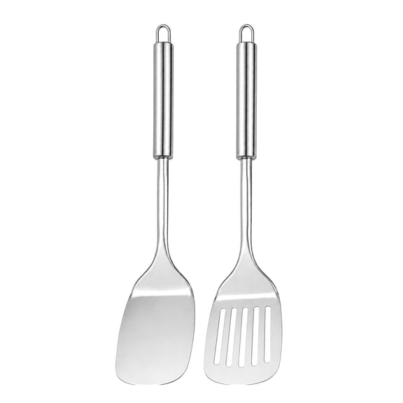 Stainless Steel Spatula Set, Solid Turner and Slotted Turner with Long Handles and Hanging Loops for Eggs, Fish, Pancakes and Burgers, 2-Piece