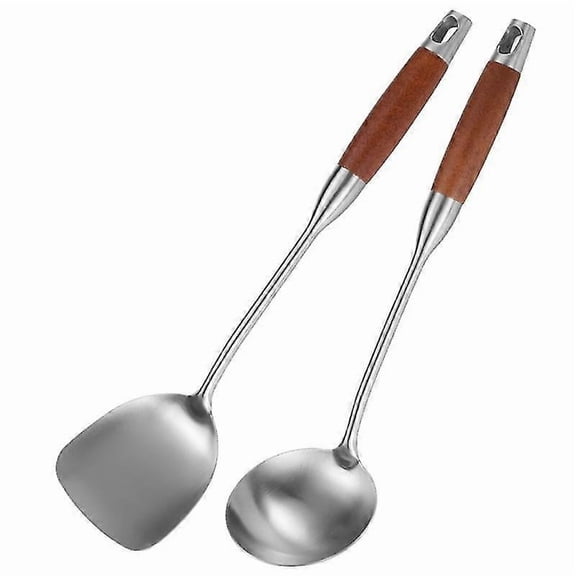 Stainless Steel Spatula for Carbon Steel, Stainless Steel Wok Spatula Metal, Wok Tools Set, Wooden