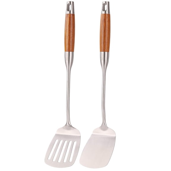 Stainless Steel Spatulas Set - 15" Long Spatulas for Kitchen, Metal Cooking Utensils - 1 Slotted Spatula + 1 Solid Turner (style B - roosewood handle)