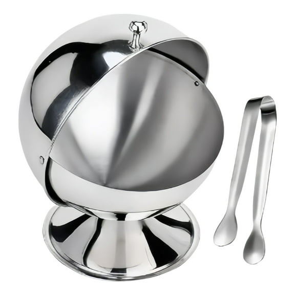 Stainless Steel Spherical Sugar Bowl and Tongs Set Roll Top Spices Storage Container Kitchen Dinner Table Decoration