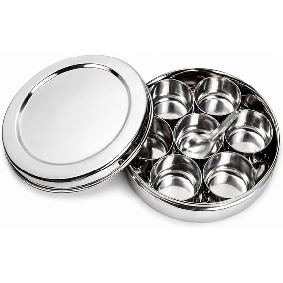 Stainless Steel Spice Box, 7 Compartments Masala Dabba with Lid & Spoon, Kitchen Seasoning Container for Indian Spices & Daily Use
