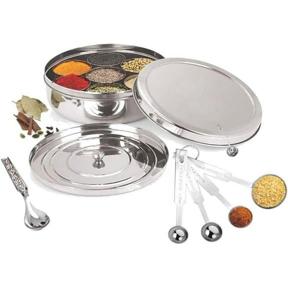 Stainless Steel Spice Box Indian Masala Dabba With 7 Compartments 1 Small Spoon & 4 Pcs Of Measuring Spoon For Home Restaurant Chefs 8x8 Inches