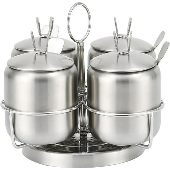 Stainless Steel Spice Jar Set with Revolving Rack, 12oz/350 ml Set of 4 Seasoning Box Bottle with Lids & Spoons Condiment Jar Canisters Pots Spice Container Salt Sugar Bowl for Kitchen Home