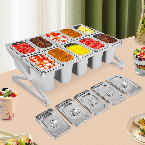 Stainless Steel Spice Rack Set, 10-Pan Pizza Topping Station with Lids, 14"-25.6" Adjustable, 2-Tier Inclined Expandable Organizer Shelf Countertop Condiment Holder for Seasoning Ingredients