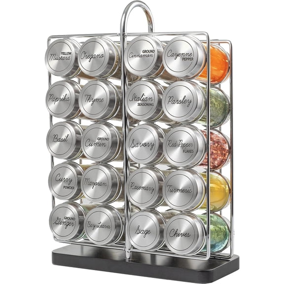 Stainless Steel Spice Rack Tower with 20 Jars and Included Spices - Countertop Organizer and Standing Shelf Holder for Kitchen