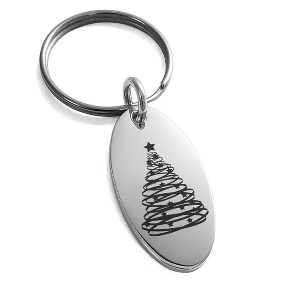 Tioneer Stainless Steel Spiral Ribbon Christmas Tree Engraved Small Oval Charm Keychain Keyring