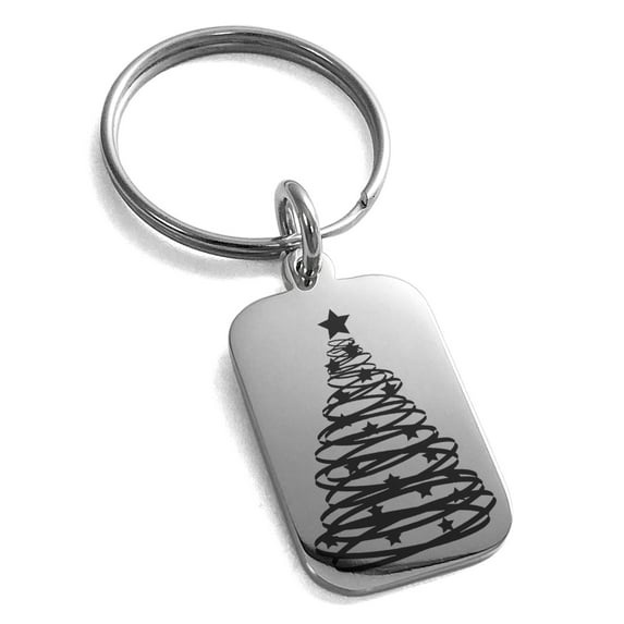 Stainless Steel Spiral Ribbon Christmas Tree Engraved Small Rectangle Dog Tag Charm Keychain Keyring
