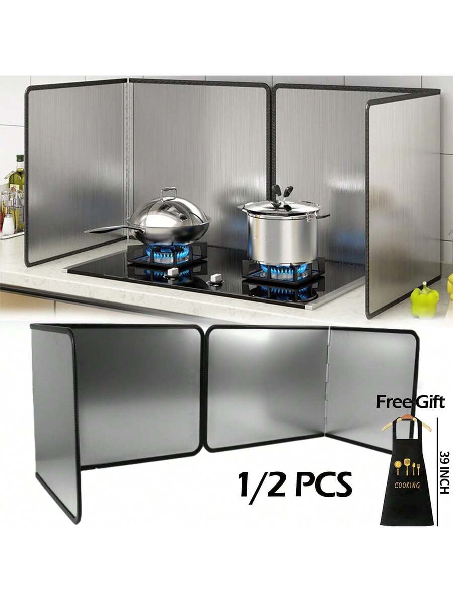 Stainless Steel Splash Guard for Stove Top Grease Shield, Foldable 2-Sided Oil Splatter Guard with Cooking Apron, Heat Resistant Oven & Induction Cooktop Shield