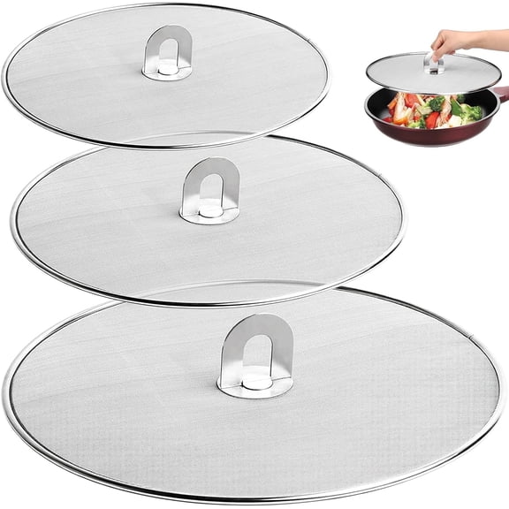 Stainless Steel Splatter Screen Set of 3 - Mesh Oil Splash Guard with Fold Flat Knob - Skillet Splatter Shield Oil Catcher, Strainer, Drain Board for Frying Pan (10", 11.5", 13")