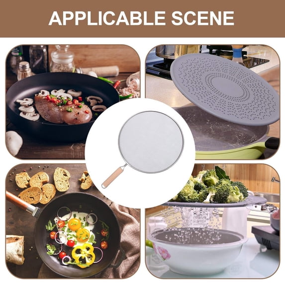 Stainless Steel Splatter Screen with Wooden Handle Fine Mesh Grease Guard for Frying Pan Kitchen Cooking Oil Proof Cover