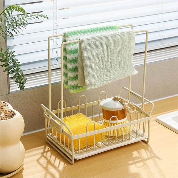 Stainless Steel Sponge & Dishcloth Holder Rack with Drain Tray | Kitchen Sink Organizer for Sponges, Brushes & Dish Soap | Rust-Proof Countertop Storage with Drainage Holes