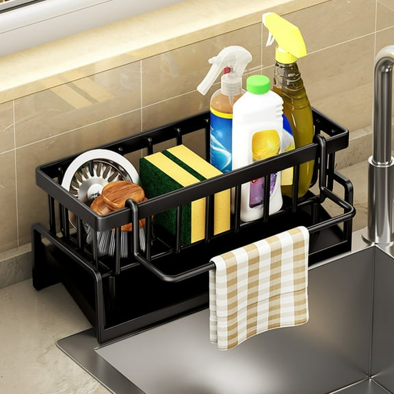 Stainless Steel Sponge Holder with Auto-Drain Tray - 3-in-1 Kitchen Sink Organizer for Sponge/Dish Soap/Brush, Rustproof Countertop Caddy with Non-Slip Base, Space Saving Black Sink Accessories