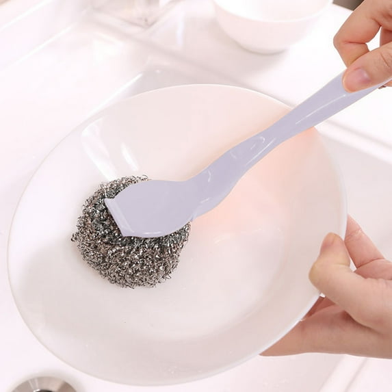 Stainless Steel Sponges Scourer Pot Brush, Long Handle Cleaning Brush Scrubbers, Metal Scouring Pads, Ergonomic Anti-Skid Handle, For Dishes Pans Grills Kitchen Cleaning