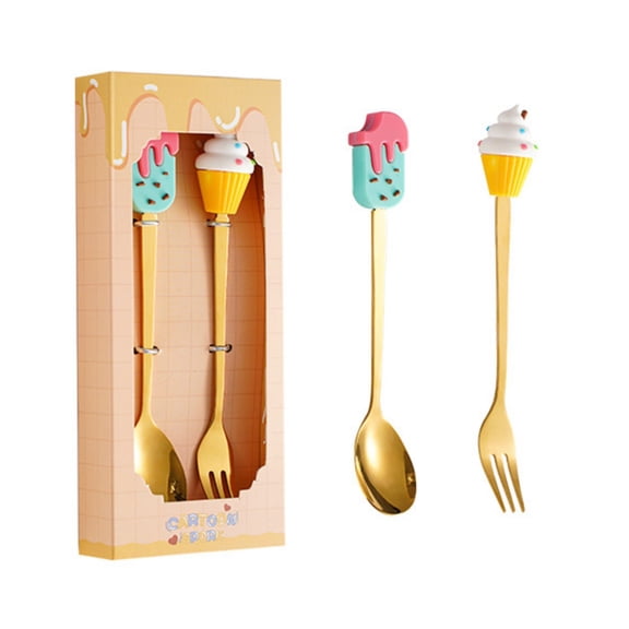 Stainless Steel Spoon Fork Cutlery Set, Creative Cartoon Cake Shaped Utensils With Hanging Handles, Colorful Metal Plating For Kitchen Decor, Easy To Clean For Drinks Desserts &