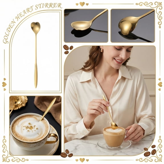 Stainless Steel Spoon, Gold Coffee Spoons, 8 in Solid Construction, Coffee Stir Spoons, Coffee Spoons for Coffee, Tea Party, Heart Shape, 1 Pc