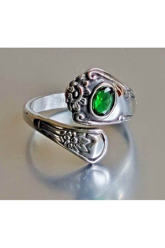 Stainless Steel Spoon Ring - Silver Finish Spoon Ring with Emerald Cubic Zirconia & Flower by Mdream
